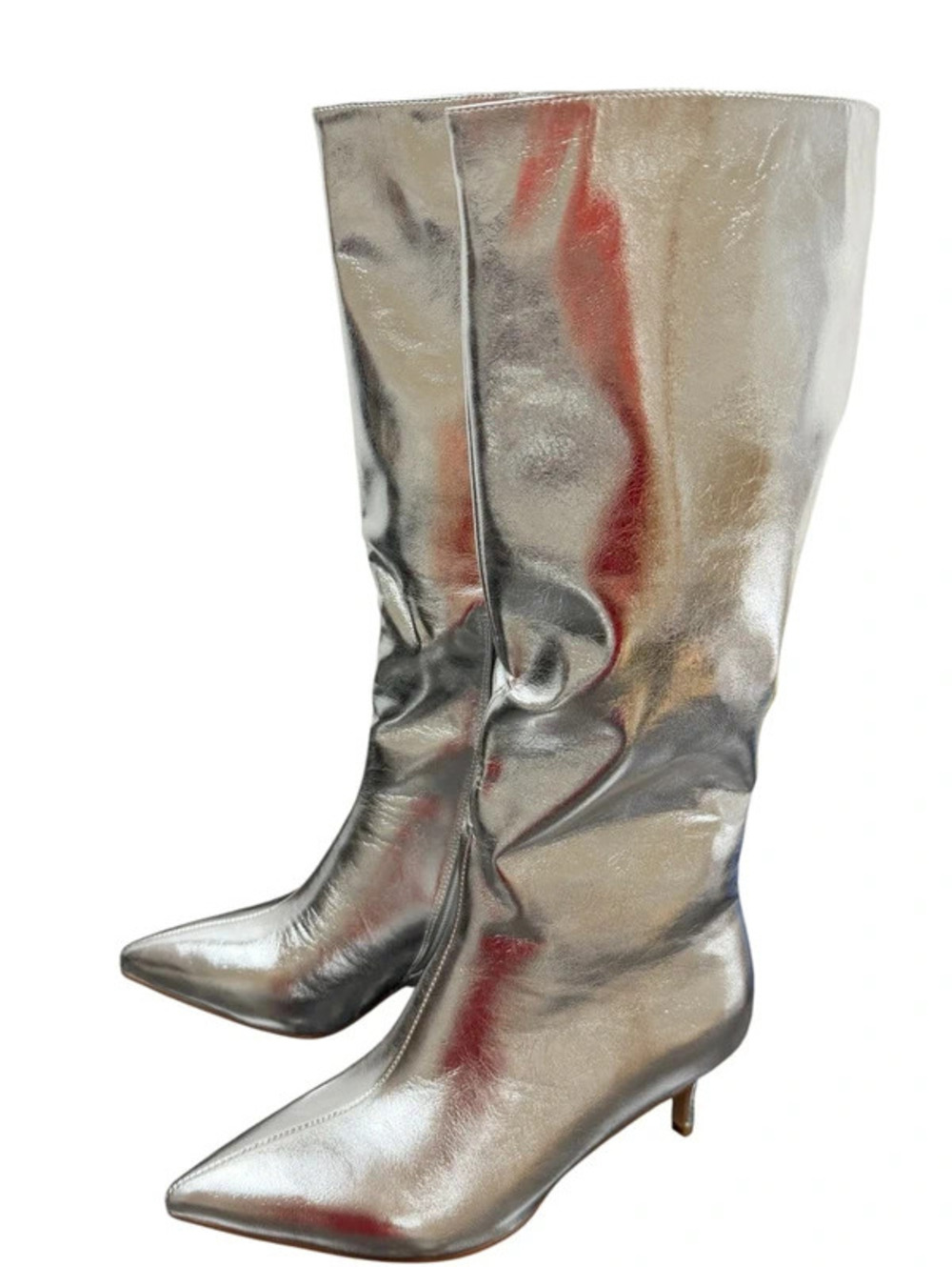 Metallic Silver Knee High Boots Pointed Toe Kitten Heel Women’s Size 7.5